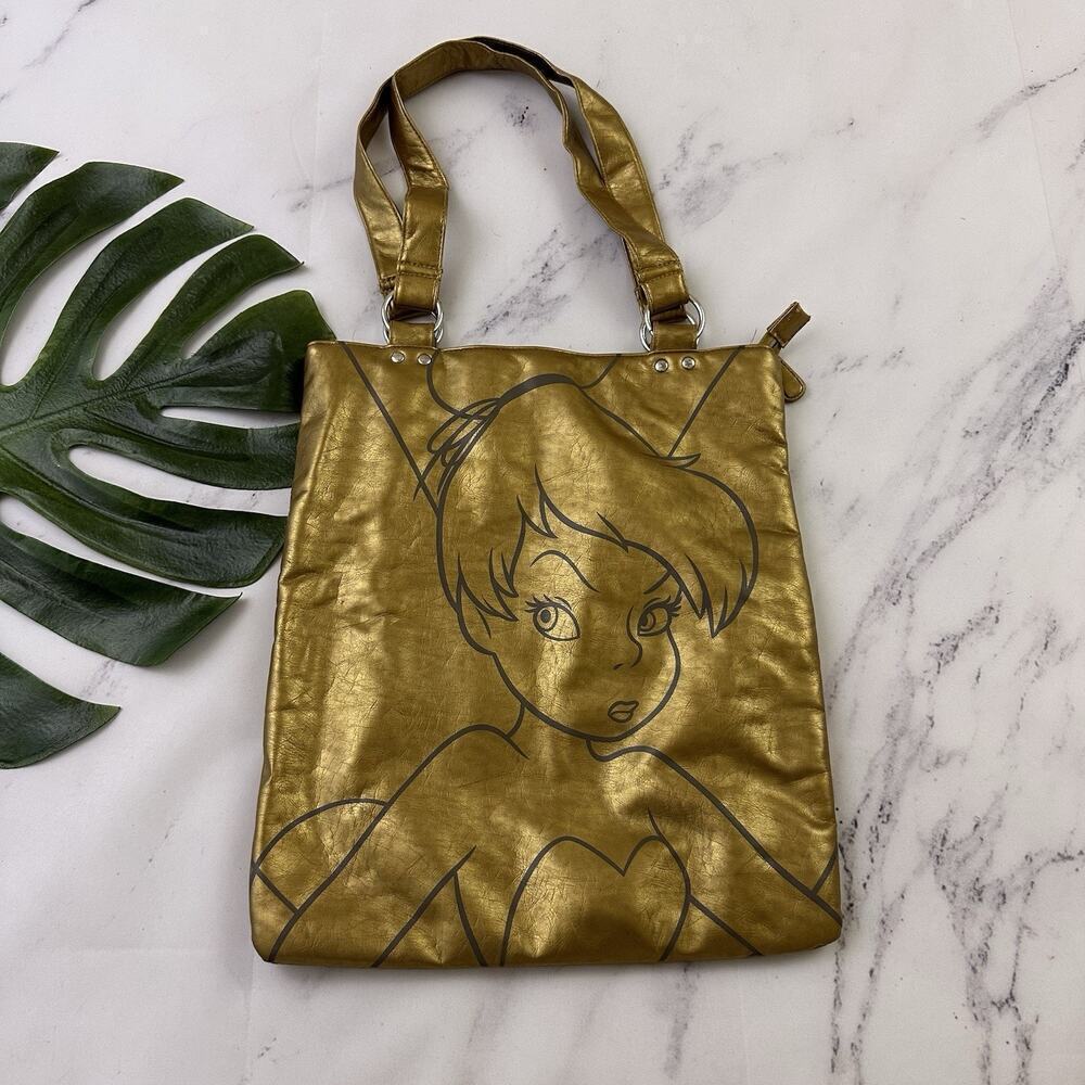 Disney Vintage Y2k Tinkerbell Tote Bag Purse Gold Faux Leather Metallic